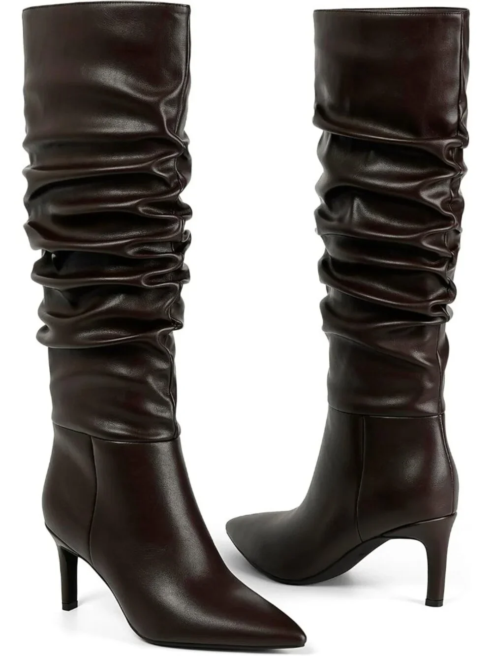 Women Slouchy Chocolate Pointed Toe Faux Leather StilettoHeel Over The Knee Boot